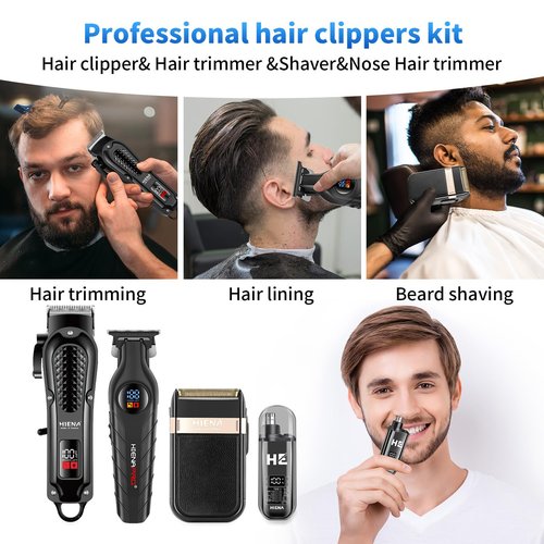 HIENA PRO Professional Cordless Hair Clippers for Men, Beard Trimmer & Elecatric Shaver & Nose Hair Trimmer Set, Rechargeable Barber Hair Cutting Grooming Kit