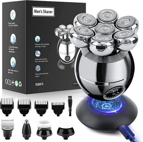 Head Shavers for Bald Men, Wjiang 6 in 1 Electric Razor Mens Shaver Wet Dry Cordless Electric Skull Shavers 7D Floating Rechargeable Bald Head Shaver Back for Men Father's Day Gifts