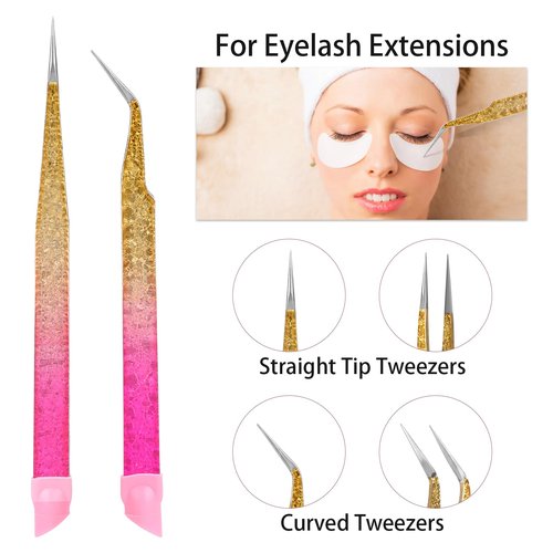 Double Ended Nail Art TweezersCurved,2Pcs Tweezers, Eyelash Tweezers, Straight Fine Tip Tweezers for Women with Silicone Pressing Tips, Suitable for Nail Art, Hair Removal, Jewelry