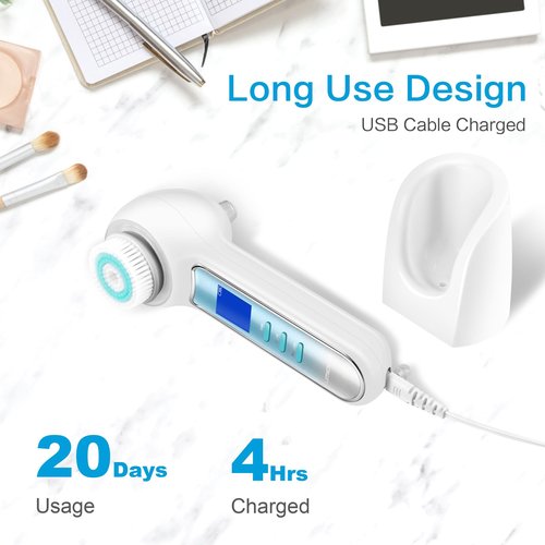 UMICKOO Face Scrubber Exfoliator,Facial Cleansing Brush Waterproof with LCD Screen,Blackhead Remover Vacuum with 5 Brush Heads,Face Spin Brush for Exfoliating (White-Blue)