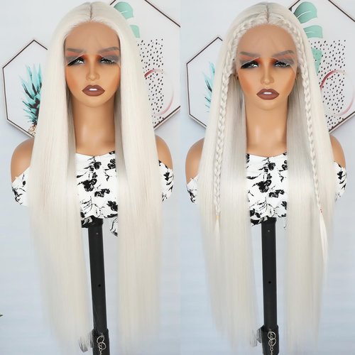 Lezaxiu 30 Inch Platinum White Lace Front Wigs Pre Plucked Long Straight Hair Wig Glueless White Colored Wigs Heat Resistant Synthetic Lace Front Wigs for Black Women