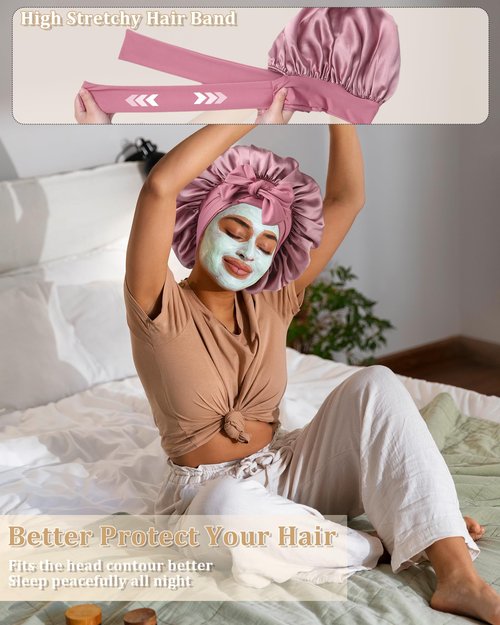 100% Mulberry Silk Bonnet for Women Hair Bonnet for Sleeping with Hair Scrunchy Elastic Tie Band Night Cap(Bean Paste)