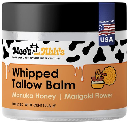Moo's and Ahh's Whipped Tallow Balm - Beef Tallow for Skin with Organic Centella and Olive Squalane | Grass-Fed Beef Tallow Face & Body Moisturizer for Dry Skin (2 Oz, Manuka Honey + Marigold Flower)