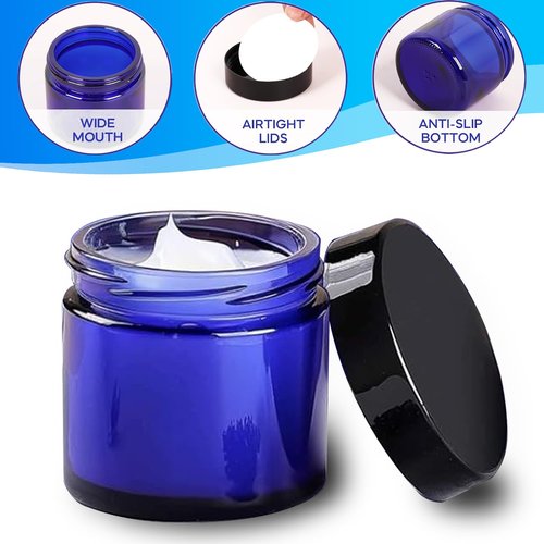 BPFY 24 Pack 2 oz Round Blue Glass Cosmetic Jars with Inner Liners and Black Lids, Travel Jars, Refillable Containers for Makeup, Cream, Lotion, Sugar Scrubs, Eye Shadow, Slime, Paint, Jewelry