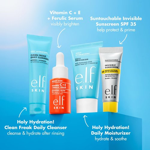 e.l.f. SKIN Wake the e.l.f. Up Skincare Kit, Travel-Size Hydrating Face Cleanser, Sunscreen, Moisturizer & Brightening Serum, Vegan & Cruelty-Free
