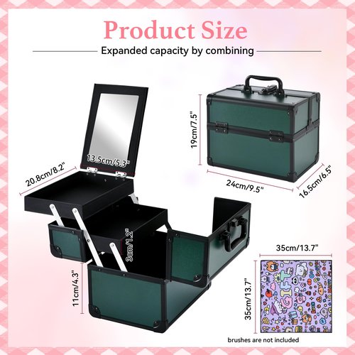GALHUBIS Makeup Train Case, Portable Makeup Case with Mirror, 2-Trays Cosmetic Organizer Case,Nail Polish Organizer, Travel Makeup Box, Profesional for Salon Barber, Green