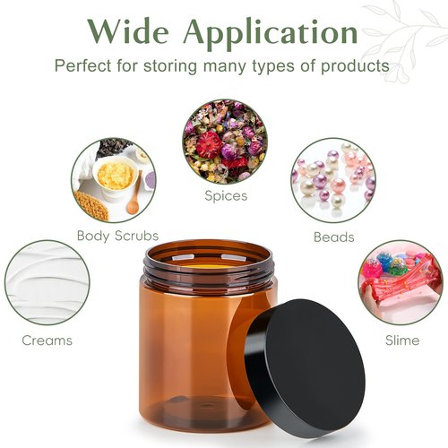 Qeirudu 8 oz Amber Plastic Jars with Lids and Labels, 12 Pack Empty Brown Body Butter Containers for Body Scrub, Cosmetic Beauty Products, Creams and Lotion