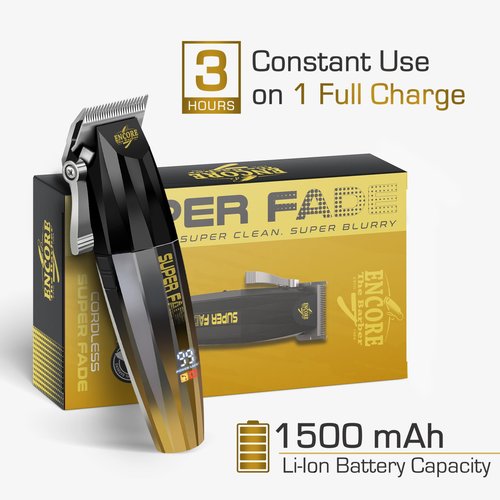 ENCORE THE BARBER Super Fade Professional Hair Clipper for Barbers Fast Clean Blurry Fades | Four Click Lever | Whisper Quiet | Rechargeable Cordless | Over 90 Minutes Run time | Crunchy Blade