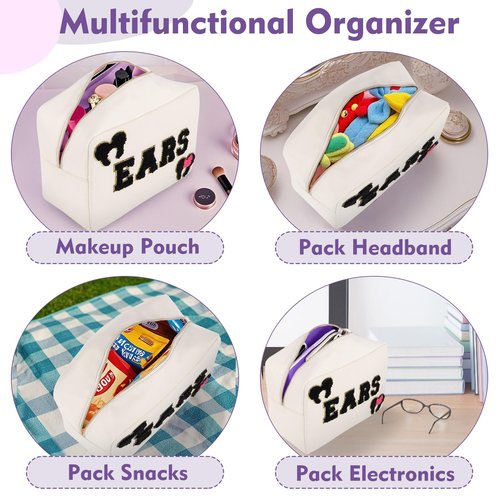 Dealkion Headband Holder Organizer Headband Storage Mouse Ear Holder Bag Hair Accessories Organizer Chenille Letter Makeup Bag Park Travel Essentials Gifts for Women