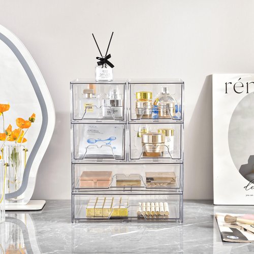 KOKOIN Stackable Makeup Organizer Storage Drawers Set of 6, Clear Plastic Organizer Bins for Beauty Supplies,Ideal for Vanity, Bathroom,Cabinet,Pantry Organization (2Long 4 Short)