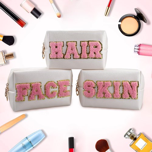 Lorigun Chenille Letter Patch Makeup Bag, Preppy Cosmetic Bag PU Leather Skincare Bag with Zipper, Toiletry Bag Waterproof Travel Organizer Bag for Women Face Hair Skin Makeup Bag 3 Pcs