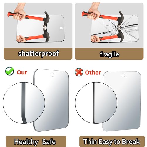 2 Pack Shower Mirror for Shaving, Larger 10.7x8 In Mirror for Wall Hanging Kids Safety, Frameless Portable Travel Camping Mirrors, Unbreakable Handheld Locker Shave Mirror, Makeup Plastic, NOT Fogless