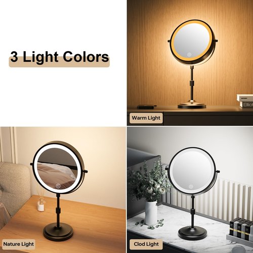 Erlingeryi 9" Magnifying Mirror with Lights 20X, Height Adjustable Lighted Makeup Mirror with Magnification, 5000mAh Rechargeable Battery, Dimmable, 3 Lighting Colors, Black