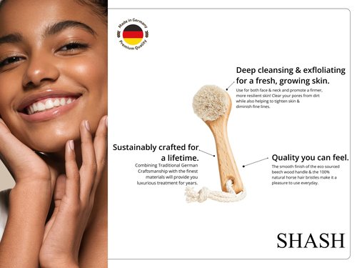 SHASH Since 1869 Hand Made in Germany - Sustainable Exfoliating Face Brush, Scrub Cleansing Brush, Exfoliates Skin to Help Reduce Flaking, Supports Glowing Complexion (Medium Horse Hair Bristle)