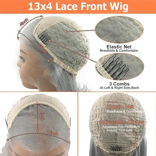 Smartinnov Grey Bob Wigs Human Hair 13x4 Lace Front Wigs Glueless Brazilian Remy Hair Straight for Women 8 Inch Pre Plucked Natural Hairline 180% Density Grey HD Lace Frontal Short Bob Wigs