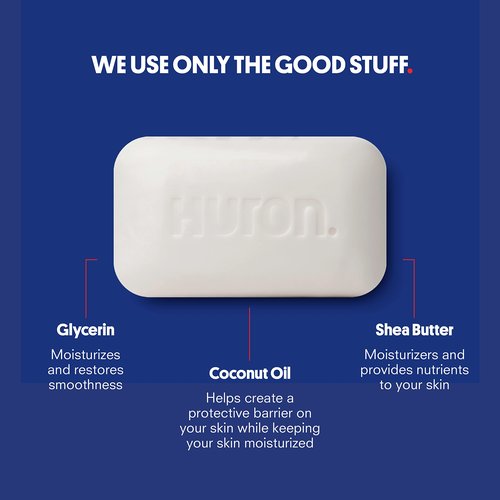 Huron Bar Soap - Citrus + Eucalyptus, 3 Pack - Triple-Milled for Long-Lasting Use - Moisturizing with Shea Butter & Coconut Oil - Crisp Scent of Citrus, Eucalyptus, Mint & Greens