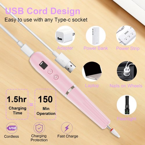 Electric Nail Filer, Professional Nail Drill Kit, Electric Nail Drill Kit, Portable File for Acrylic Gel Nails, Cordless Nail File Electric Manicure Pedicure Tools with Drill Bits for Home Salon