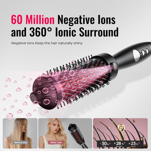 Thermal Brush,Lena 1.5 Inch All-in-1 Heated Round Brush with Titanium Barrel-Infrared&Negative Ion Technology,Smooth,Frizz-Free Styling Tool,5 Heat Settings,LED Display,Black