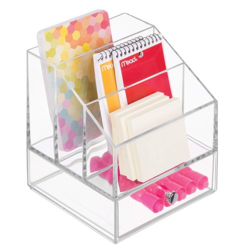 iDesign Clarity Cosmetic Palette Organizer with Drawer for Vanity or Cabinet to Hold Makeup, Beauty Products, Hair Accessories - 3 Compartments - Clear