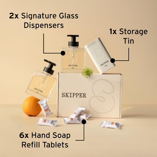 Tirtyl Skipper Hand Wash Duo Kit Glass - 2 Glass Foaming Dispensers + 6 Tablet Refills (6x 8 fl oz bottles of soap) + 1 Storage Tin - Variety Fragrances