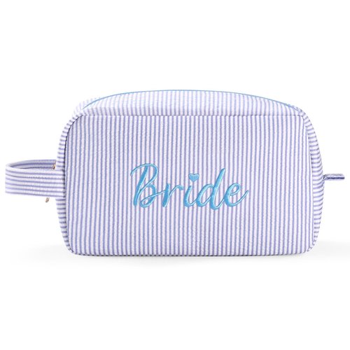 Etercycle Bride Makeup Bag, Blue Striped Cosmetic Bag Embroidery Bridal Shower Gifts, Large Travel Make Up Bags with Inside Pockets Toiletry Bag for Women Wedding Engagement Bachelorette Party