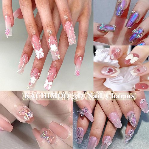 KACHIMOO 2 Boxes Mixed Nail Charms and Rhinestones 3D Butterfly Flower Bow Heart Bear Nail Art Charms Flatback Pearl Nail Gems Nail Chains for Nail Art Design