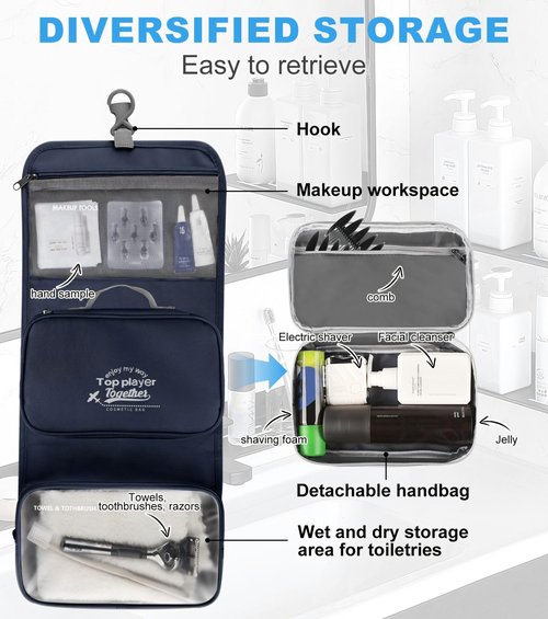 Piegricdiat Hanging toiletry bag for men - large functional hanging travel toiletry bag with detachable wet/dry compartments. mens hanging toiletry travel bag (dark blue)
