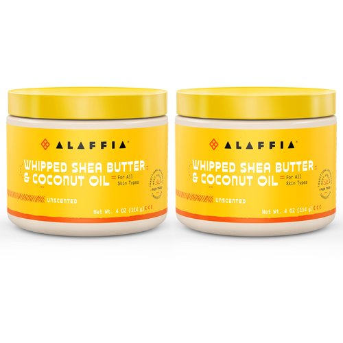 Alaffia Whipped Shea Butter & Coconut Oil, Skin Care and Hair Care, Nourishing Moisturizer Improves Elasticity and Repairs with Vitamin E, Unscented, 2 Pack - 4 Oz Ea