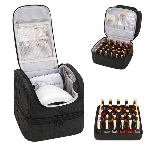 CUBETASTIC Nail Polish Organizer, Cute Nail Tech Organizers And Storage Bag Holds 45 Bottles & UV Nail Lamp, Compact Double-Layer Travel Nail Supplies Case for Nail Kit (Triangle Black, 27 Slots)