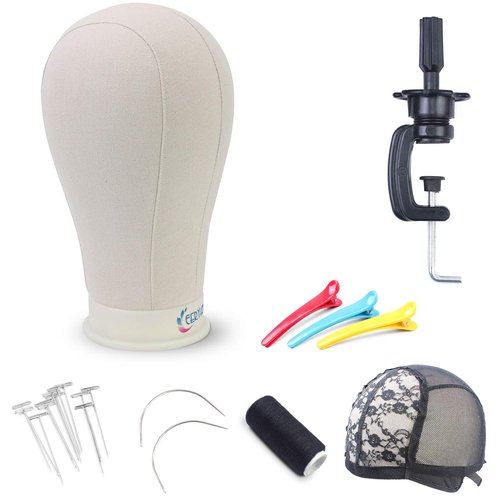 EERYA 22.5 Inch Wig Head Stand Set for Wig Making Display Styling Training Poly Canvas Block Head with Mount Hole Mannequin Manikin Head Stand( 22.5 Inch)