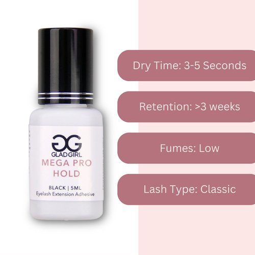 GladGirl Mega Pro Hold Lash Extension Glue for Single Strand Lashes, 5 ml, Volumizing, Low Fumes, Up to 3 Weeks Retention, Fast Drying Time