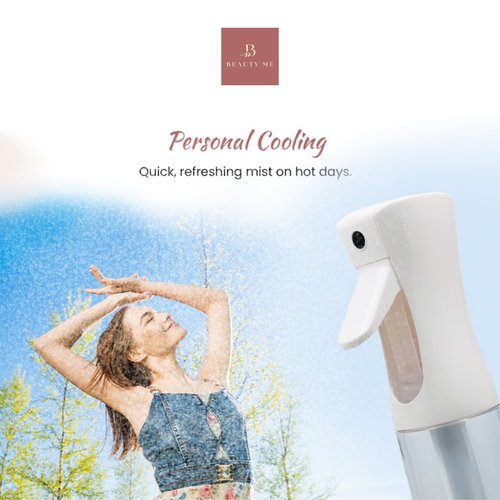 BEAUTY ME Continuous Mist Spray Bottle - 10.1oz Fine Mist Sprayer for Hair Styling, Cleaning, Plants, Salons, Essential Oils, and More - White