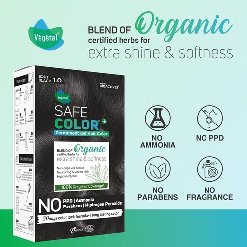 Vegetal Safe Color+ Organic Permanent Gel Hair Color, Soft Black 1.0, No Ammonia, Made with Natural Herbs, 100% Gray Coverage, 30-Day Color Lock 190 ml