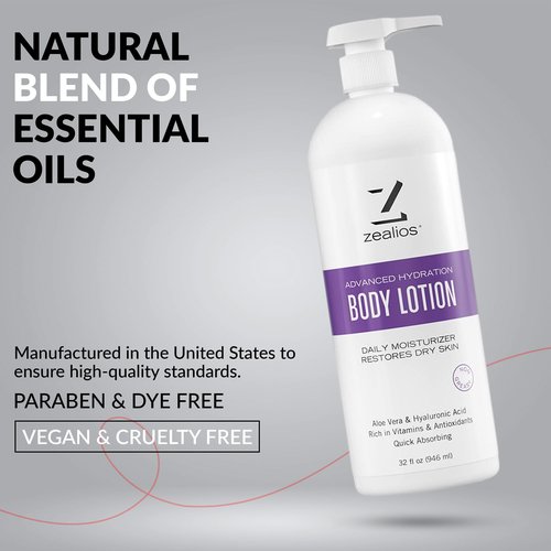 Zealios Advanced Hydration Body Lotion for Dry Skin 32oz - Deep Hydration Formula, Skincare Moisturizer with Vitamins & Antioxidants, Non-Greasy Lotion, Light Papaya & Lychee Scent
