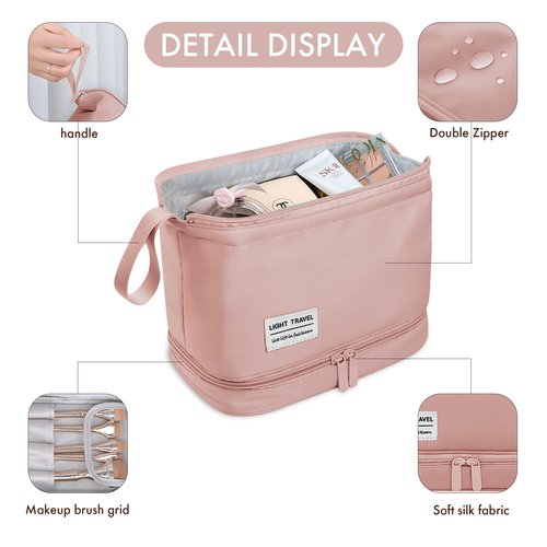 HEMOUR Makeup Bag Double Layer Portable Travel Cosmetic Bag with Brush Holder, Makeup Organizer Bag Toiletry Bag for Women and Girls (Pink)