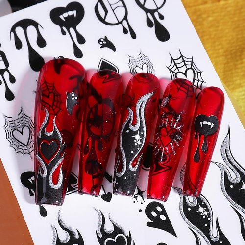 POWPOP Halloween Nail Art Stickers Decals 3D Halloween Nail Decals 6PCS Gold Skeleton Bat Key French Fire Blood Crown Nails Design Adhesive Stickers Manicure Supply for Women Nail Art Decorations