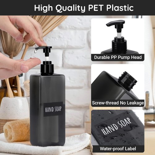 Segbeauty 16.9oz Refillable Bottles, 8pcs 500ml Shampoo and Conditioner Set with Labels, Gray Empty Shampoo Body Soap Conditioner Pump Bottle Dispenser Plastic Bathroom Press Lotion Dispenser