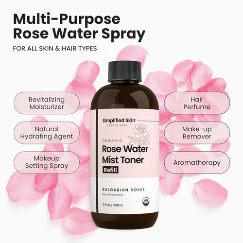 Rose Water Spray for Face & Hair (Refill) - Organic USDA Certified Rosewater Facial Toner - Alcohol-Free Makeup Setting Hydrating Face Mist - Anti-Aging Toner Spray - 8 Fl Oz