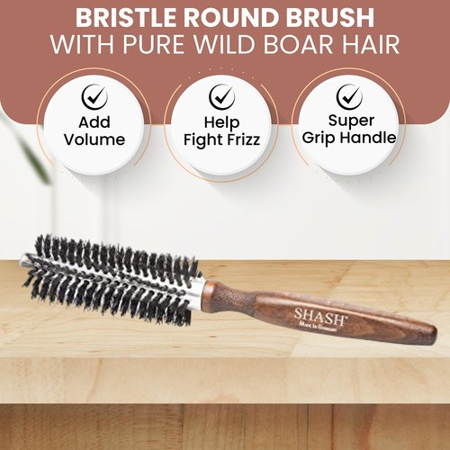 SHASH Since 1869 Hand Made In Germany Professional Series Boar Bristle Round Brush - Add Volume, Help Fight Frizz - Super-Grip Handle for Easy Styling - Eco-Sour (Small)