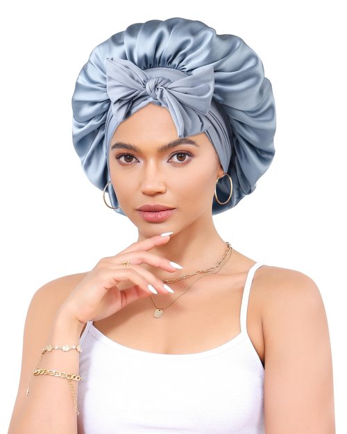 Silk Bonnet 100% Mulberry Hair Bonnet for Sleeping Women Hair Wrap with Elastic Band Sleep Night Cap(Blue)