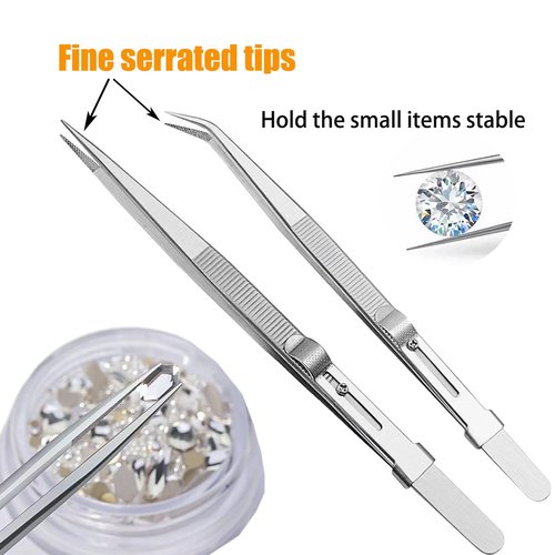 OULIGET Adjustable Slide Lock Nail Art Tweezers Set,Precision Rhinestone Jewel Craft Tweezers, Anti Static Locking Tweezers for DIY Nail Stickers Nail Art,2 Pieces