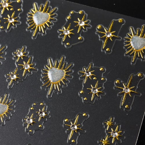 3 Sheets Star Nail Stickers for Nail Art 5D Embossed Gold Nail Decals with Heart Rhinestones Star Design Manicure Supplies Aurora Heart Metallic Star Nail Art Stickers for Women DIY Decor Accessories