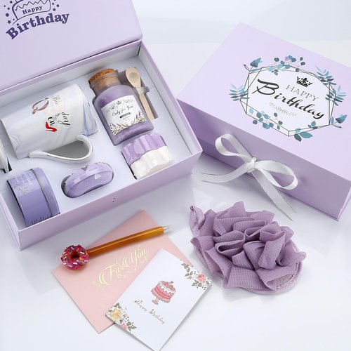 Whisysher Gift Basket for Women, Unique Relaxing Spa Birthday Gift Box, Purple Ceramic Mug, Lavender Scented Candle, Bath Bombs, Salt, Loofah Sponge