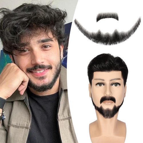 Wodelanle Fake Mustache Realistic Beard 100% Human Hair Full Hand Tied Facial Hair Black Goatee Fake Beards Lace Invisible Fake Mustache for Entertainment Party Drama Movie Makeup