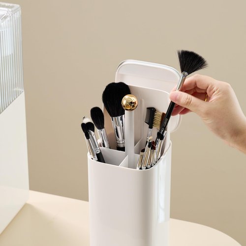 Makeup Brush Holder with Lid, Automatic Lifting Waterproof Dustproof Makeup Brushes Organizer for Vanity Desktop Bathroom Countertop(White)