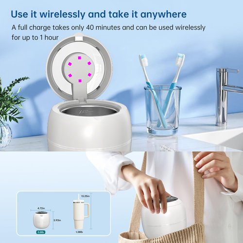 Westdeer Wireless Ultrasonic Cleaner,Westdeer 45kHz,UV Cleaning,for Dentures,Watch Bands,Toothbrush Heads,Pacifiers,Jewelry Rings,4 Modes,210ml Capacity,Travel (white)
