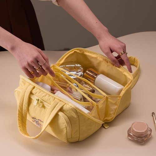 Dr.Cheese Makeup bag, Large Capacity Cosmetic Bag for Women, Portable Wide-open Toiletry Bag, Travel Makeup Bag with TPU Compartments for Accessories, Essentials, Toiletries, Makeup Brush Bag, Yellow