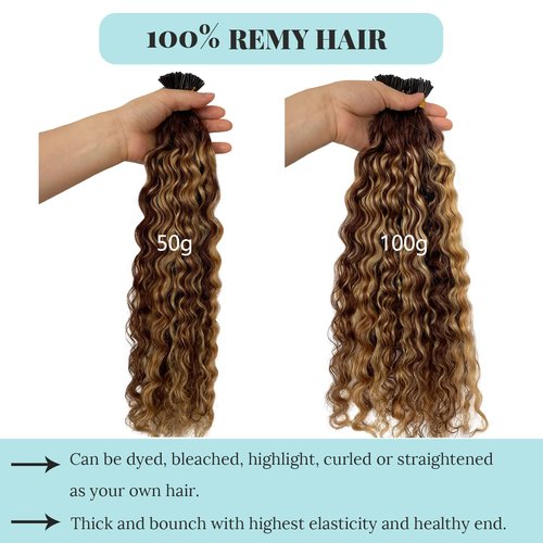 I Tip Human Hair Extensions 14inch 100 Strand 50G, Water Wave I Tips Hair Extensions Real Human Hair for Women Ombre Blonde Extensions I Tips Camel Brown Microlinks Cold Fusion I Tip Human Hair