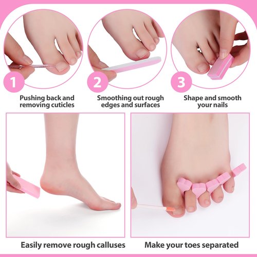 Lanties 50 Sets Disposable Pedicure Kit Individually Package 5 in 1 Pedicure Tools Pumice Stone Nail File 80/100 Grit Mini Buffer Toe Separator Cuticle Pusher Clear Bag for Salon Home(Pink)