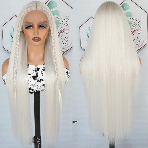 Lezaxiu 30 Inch Platinum White Lace Front Wigs Pre Plucked Long Straight Hair Wig Glueless White Colored Wigs Heat Resistant Synthetic Lace Front Wigs for Black Women
